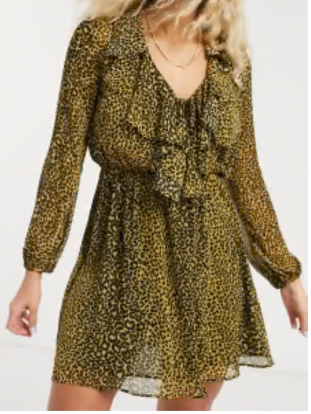 Topshop Yellow / Black Leopard Print Ruffle Mini Dress, plunging V-neckline 12